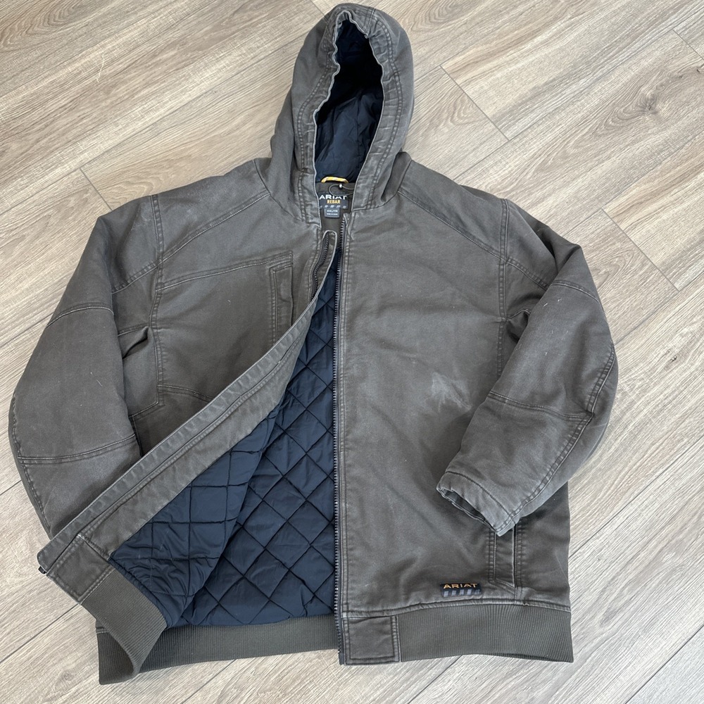 Ariat Rebar Men's Brown Hooded Full Zip Lined Jacket Workwear Outdoor Size 2XL